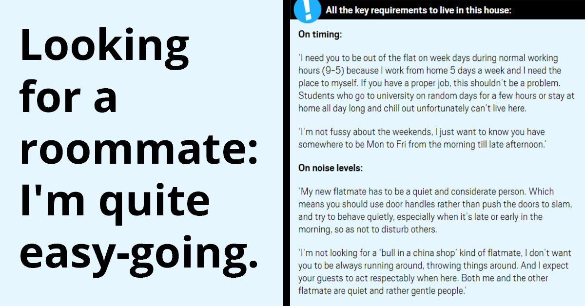 Redditor Shares List of the Unrealistic Rules Set by Someone Looking for a Roommate, and It's All Shades of Hilariousness