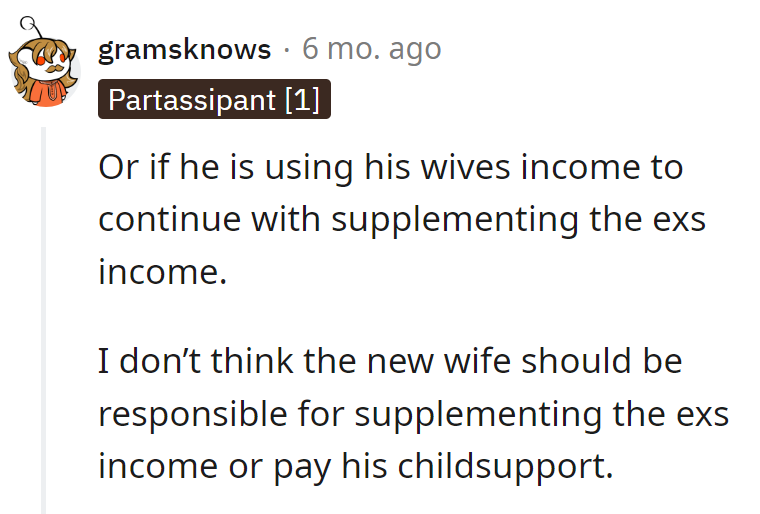 Marriage isn't a side hustle for supporting the ex. The new wife signed up for a partner, not a financial aid program.