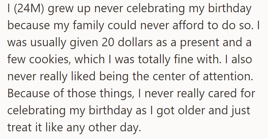 OP, accustomed to modest birthdays, now treats his special day like any other, preferring simplicity and avoiding attention.