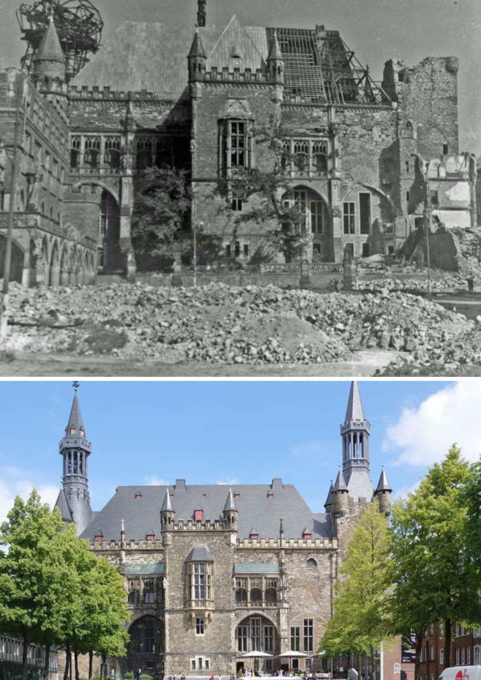 Then And Now: Aachen Town Hall In Reconstruction After Allied Ww2 Raids In 1943/1944, And In 2016