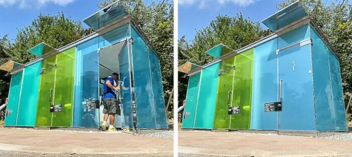 23. The public toilets have transparent walls. But they become matte when someone is inside.
