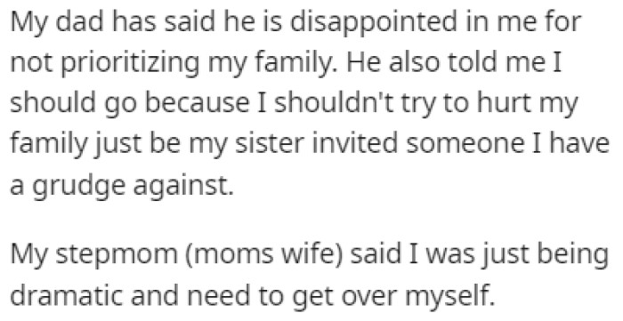 OP's dad and stepmom sided with Skye, saying that he wasn't prioritizing his family