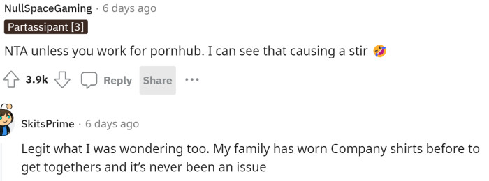 People immediately start commenting that he's NTA and that the business t-shirt shouldn't have been a distraction unless it was something provocative.