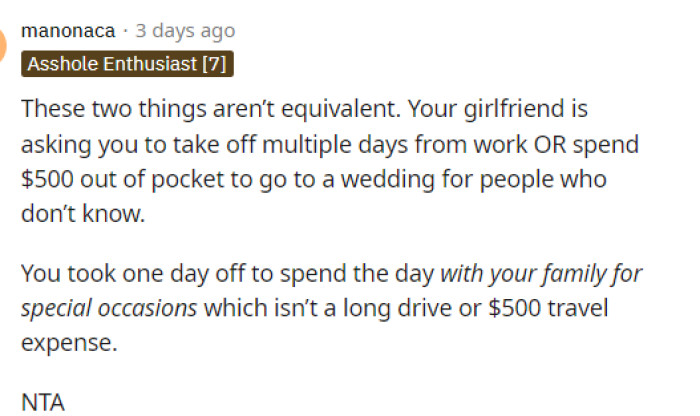 Some people jumped to the comments to let him know that he wasn't TA because the two situations aren't exactly the same, and he has a right to choose whatever.