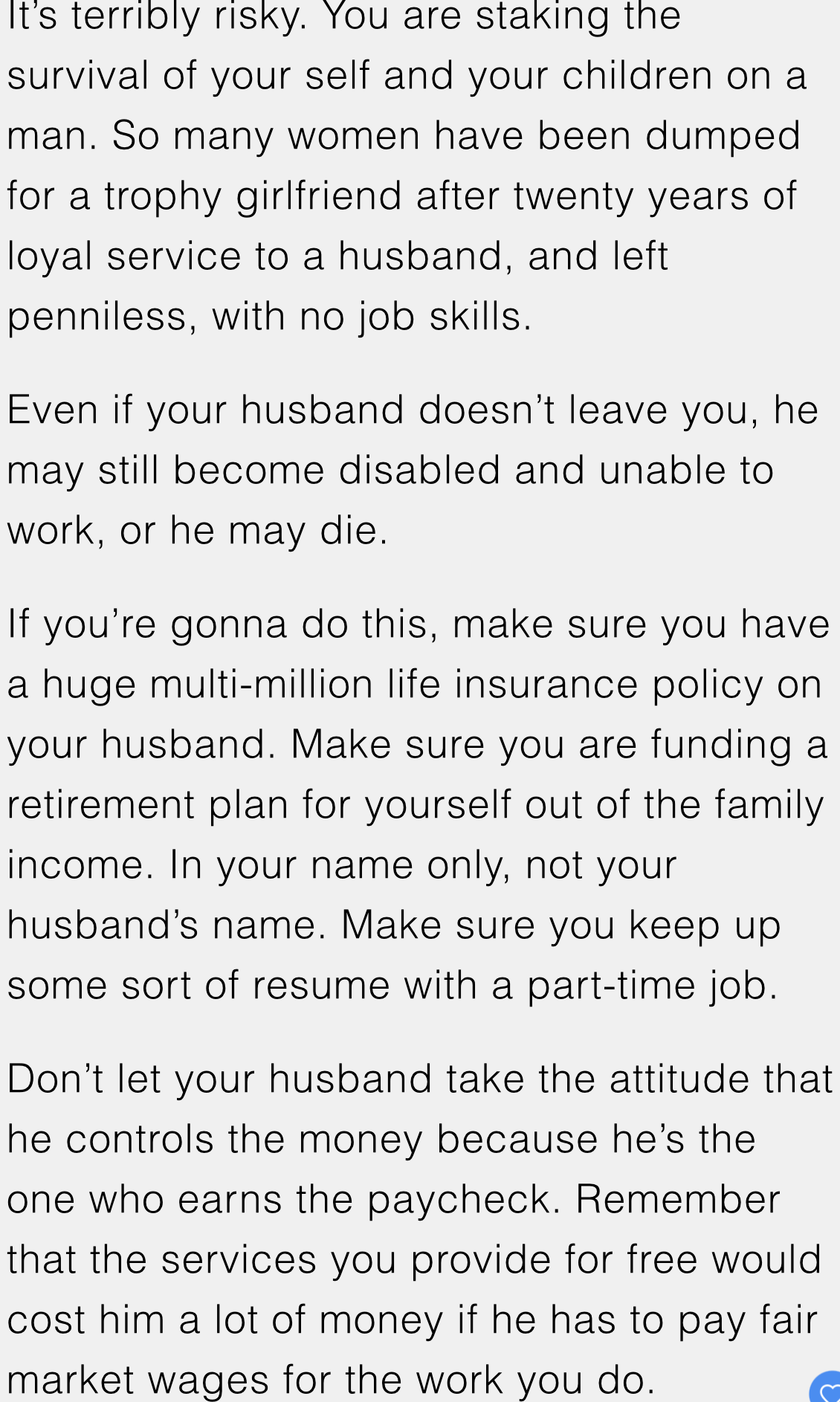 12. Want to be a trad wife? Better get that multi-million life insurance policy and a retirement plan in your name