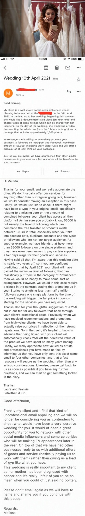 28. A bride with 55k followers tries to get wedding photos for free from photographers, but they respond sarcastically.