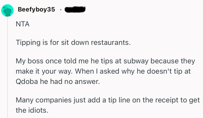 “NTA. Tipping is for sit down restaurants.”