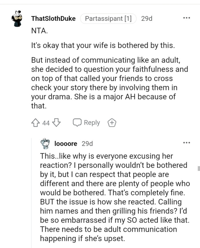 The wife's the AH for calling the OP's friends