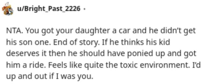 The husband should've bought his son a car, not allow his son to steal one.