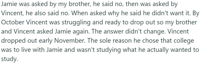 Months later, OP's brother asked OP about their lack of surprise regarding Jamie's refusal to let Vincent live with him. OP shrugged in response,