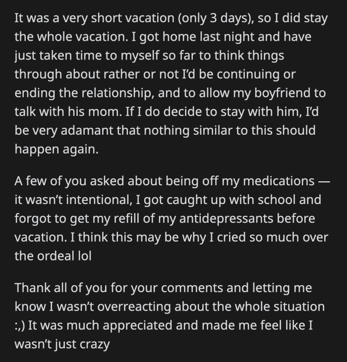 OP decided to give her boyfriend a chance to enforce boundaries with his mom. She is still figuring out if she wants to be with him.