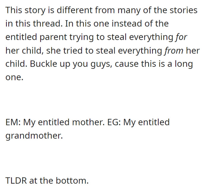 EM, the mother, departs from the norm by stealing from her child.