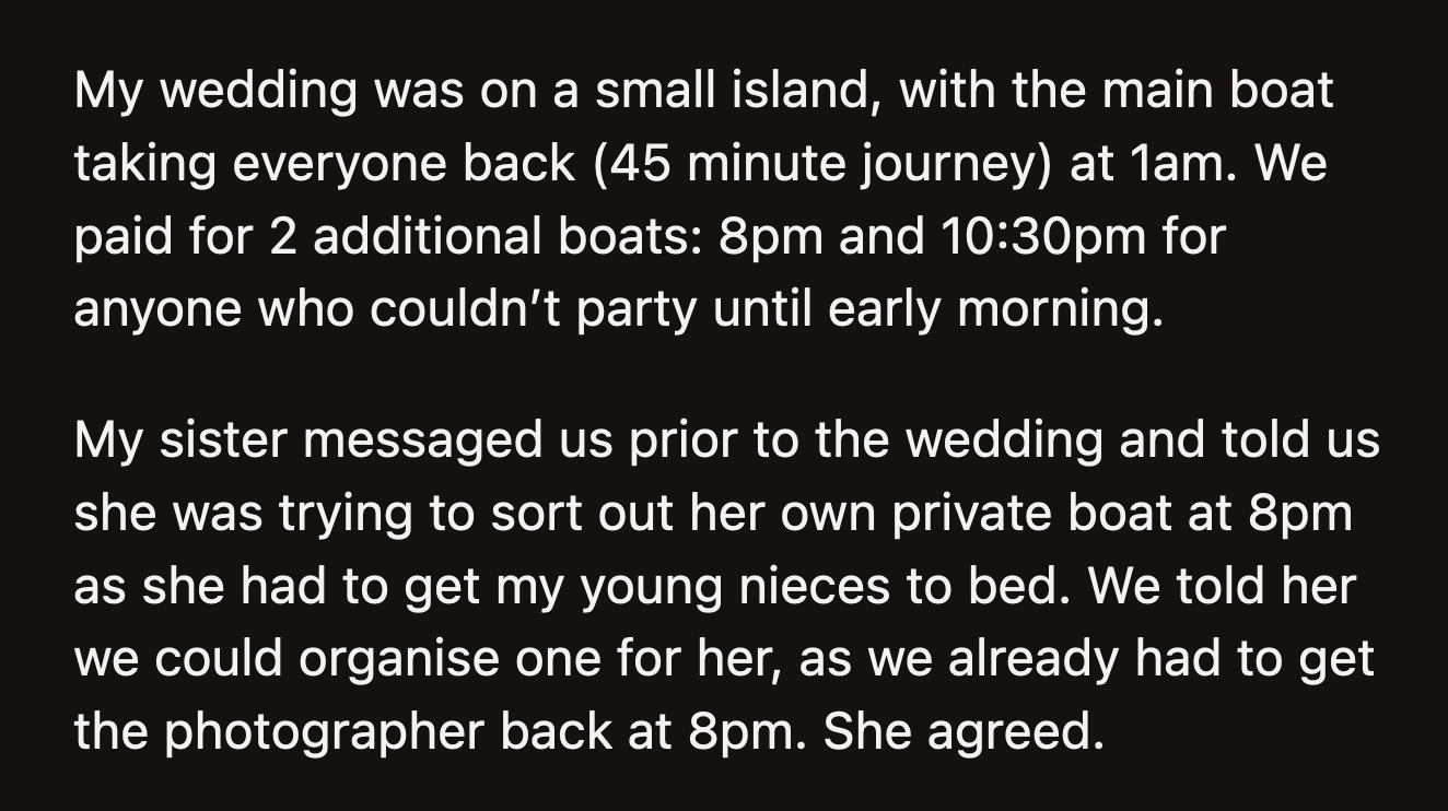 OP explained that it wasn't how the conversation went. Her sister dubiously asked if they were stuck on the island, and OP confirmed that they were.