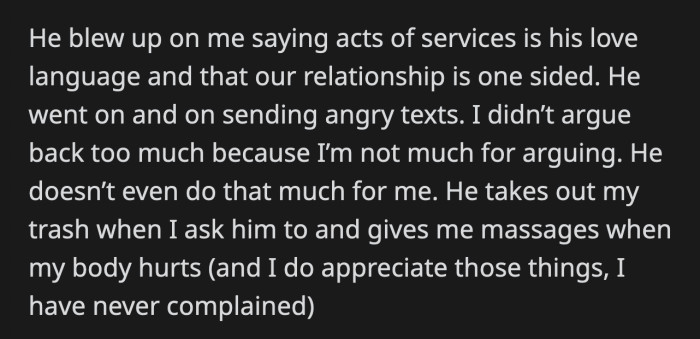 Her BF didn't like her answer and said acts of services were his love language and her refusal to meal prep for him shows that their relationship is one sided