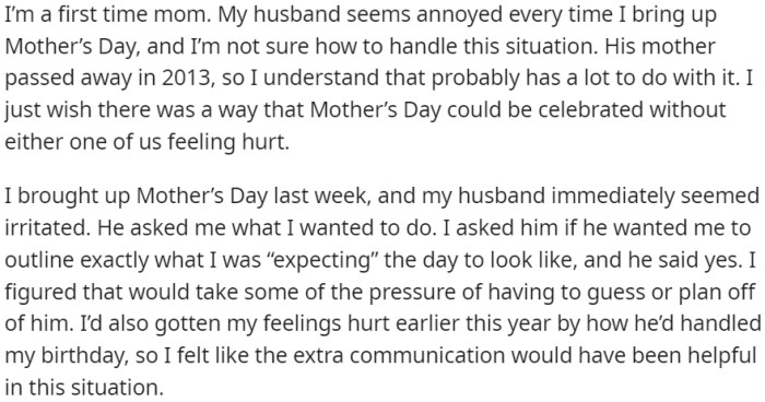 As a first-time mom, the OP is facing a dilemma regarding Mother's Day