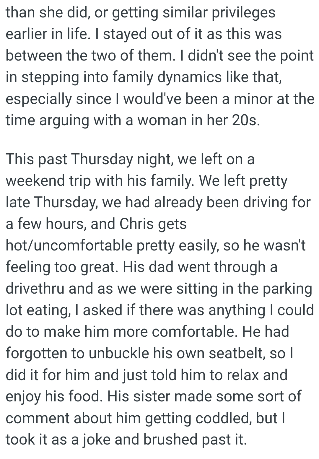His dad went through a drive-through while they were sitting in the parking lot eating