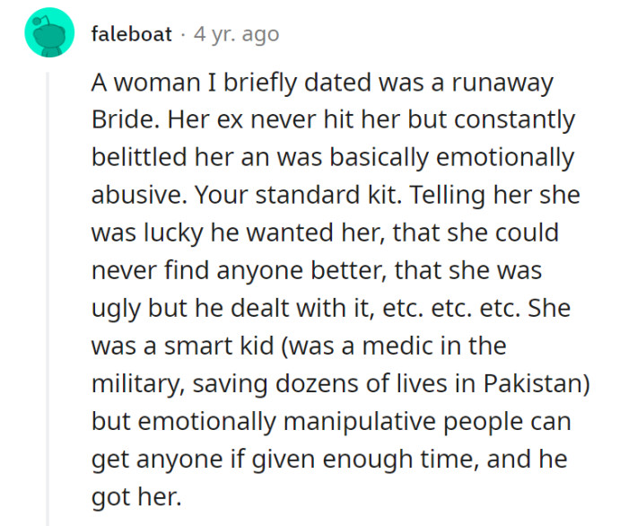 4. This one's from a perspective of someone who dated a runaway bride...