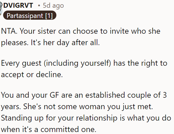 OP's sister can invite whoever she wants to her event, and both OP and his girlfriend have the right to accept or decline the invitation.