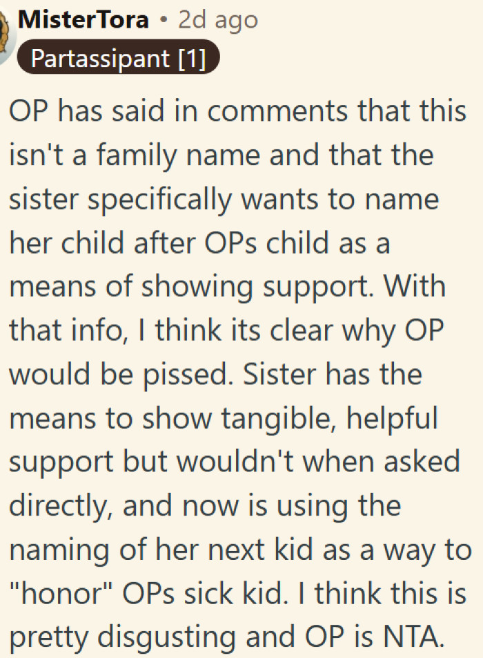 Sister refused real help but wants credit for naming her baby after OP's sick child