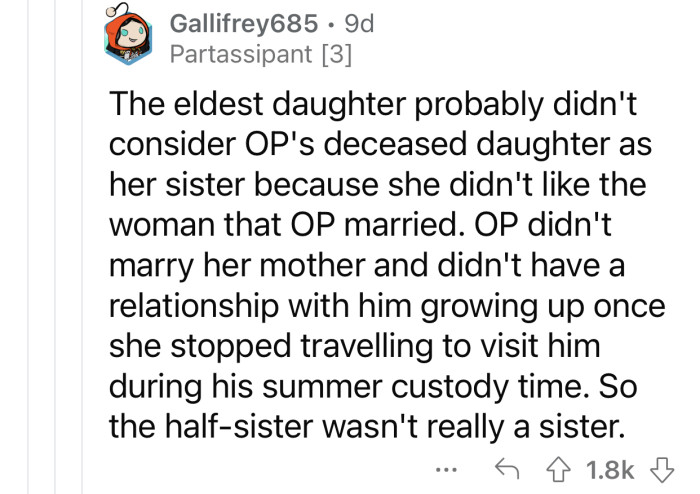 OP's oldest daughter probably doesn't consider the deceased daughter as her sister.
