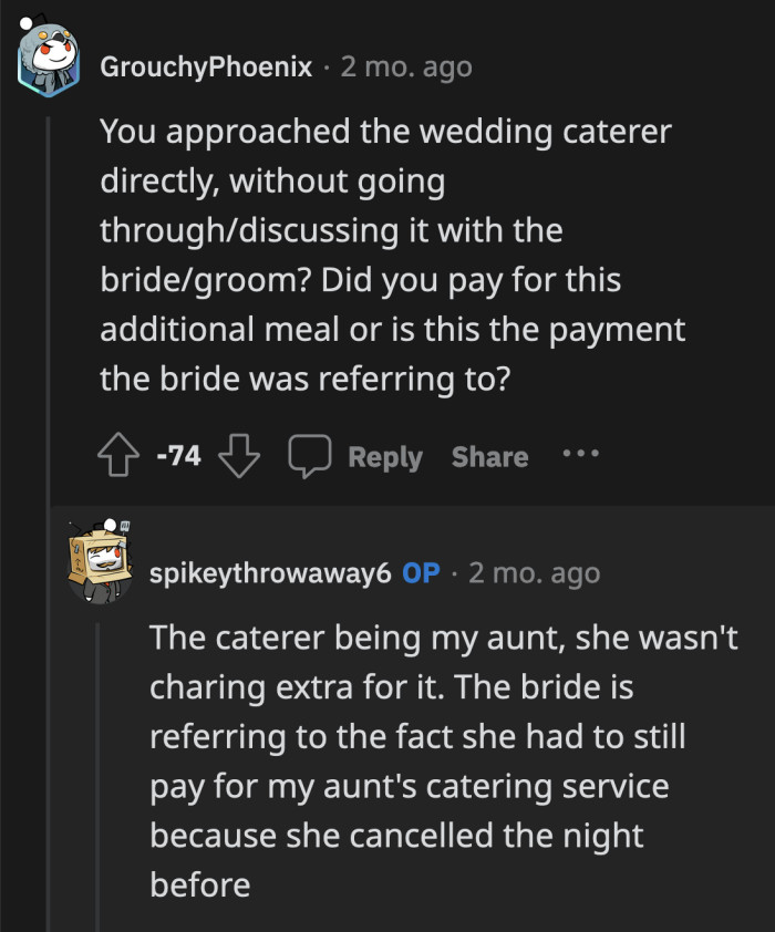 OP clarified that their aunt didn't charge the couple any extra amount for the special chicken dish she prepared for them.