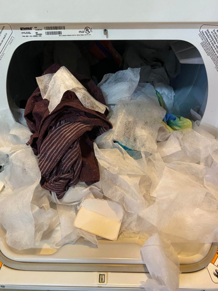 28. My wife tossed a pile of laundry into the dryer, along with a brand new box of 500 dryer sheets…