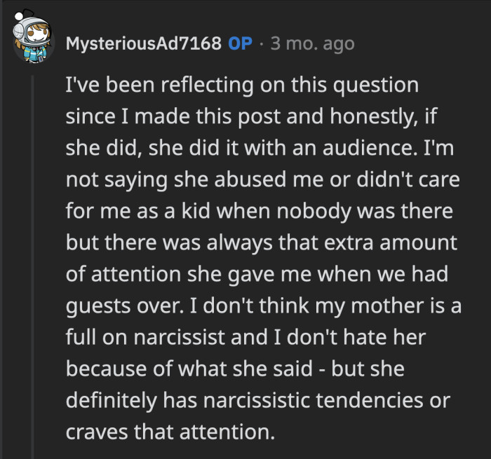 OP said it is undeniable that their mom made a lot more fuss about her when there are other people around