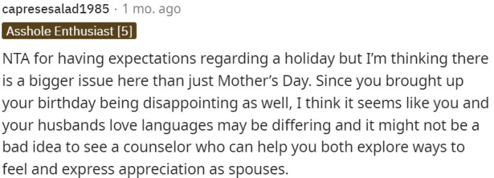 It appears that there may be a difference in love languages between OP and her spouse.