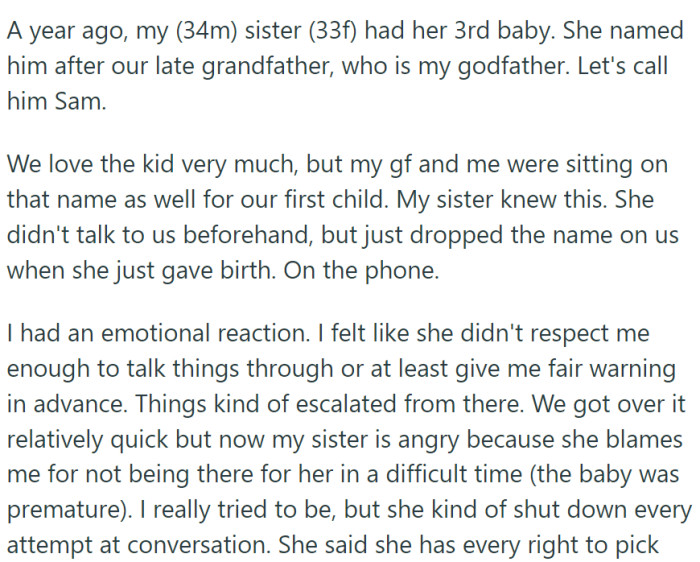 Sibling conflict arises when sister names her baby Sam, the name OP and his girlfriend had also considered