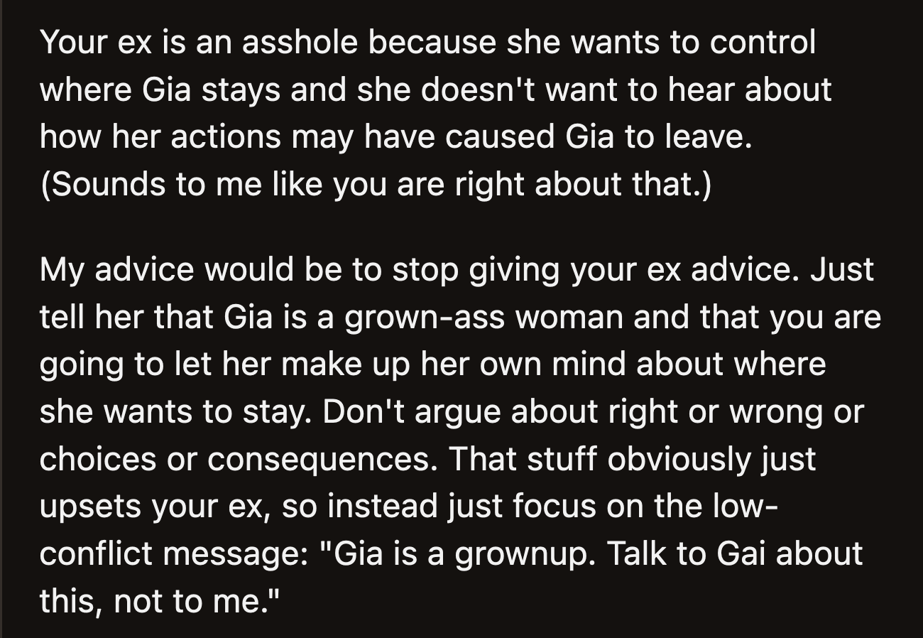 If OP Doesn't Want the Argument to Escalate, He Can Tell Kayla That Gia Is Old Enough to Make Her Choices Without Their Input.