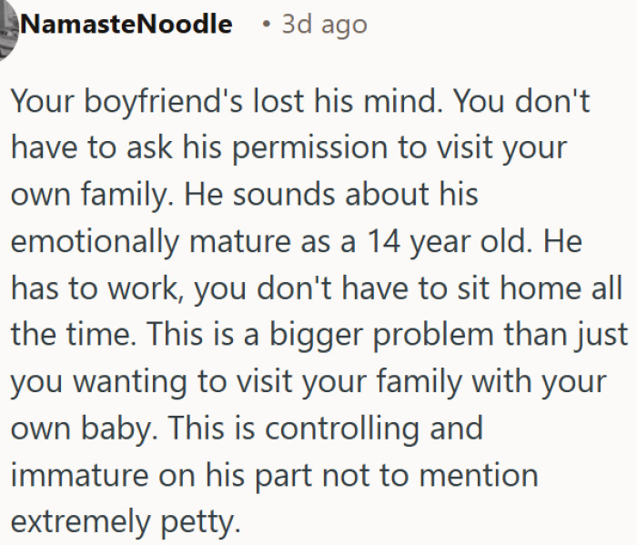 Boyfriend's reaction to partner visiting family with their baby raises serious red flags