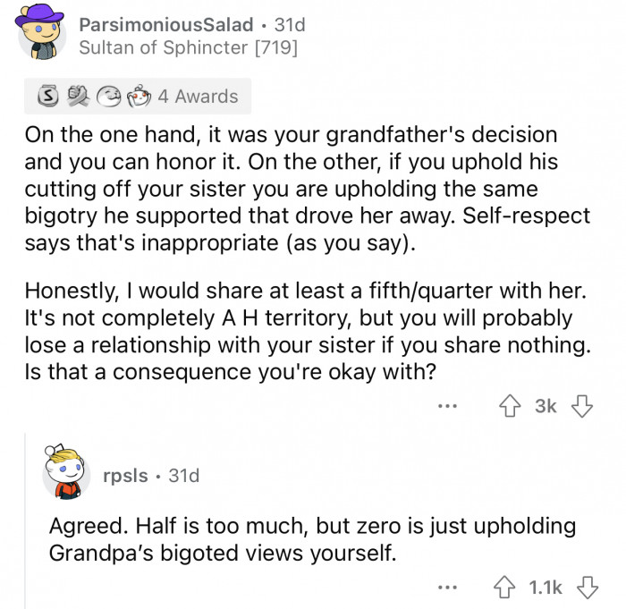 OP could change the ratio but should still give his sister something.