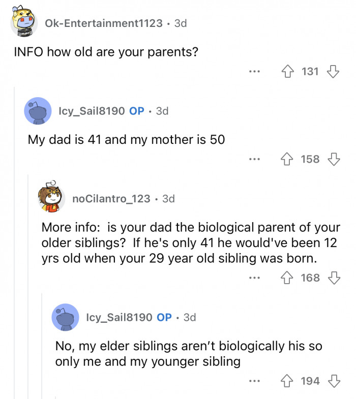 OP revealed her mom and dad's ages after this user asked.