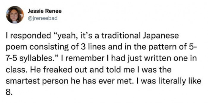 She meets a man and they first talked about haiku.