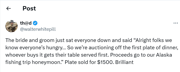 According to a wedding guest who shared the story on X (formerly Twitter), the newlyweds decided to hold a “plate auction” during their reception dinner.