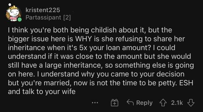 OP's wife will only be giving a small portion of her inheritance.