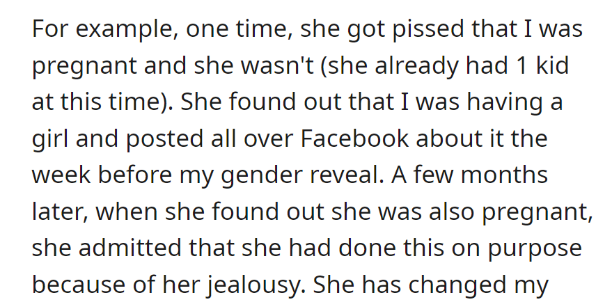 Jealous sister revealed the unborn child's gender before the planned reveal, later confessed due to her own pregnancy.