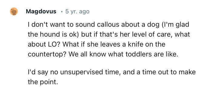 “I don't want to sound callous about a dog, but if that's her level of care, what about LO?”