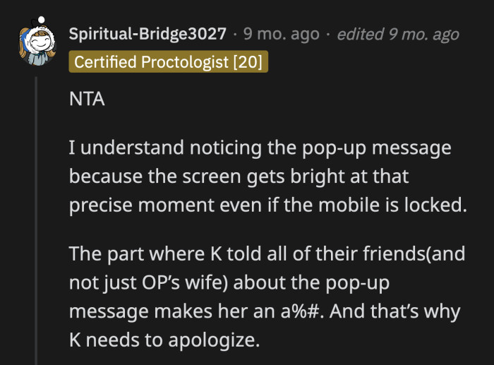 It's understandable, up to a point, why OP's reminder caught K's curious eyes.