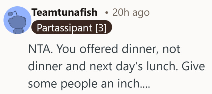 Sharing a meal does not quietly reserve the leftovers for the next day.