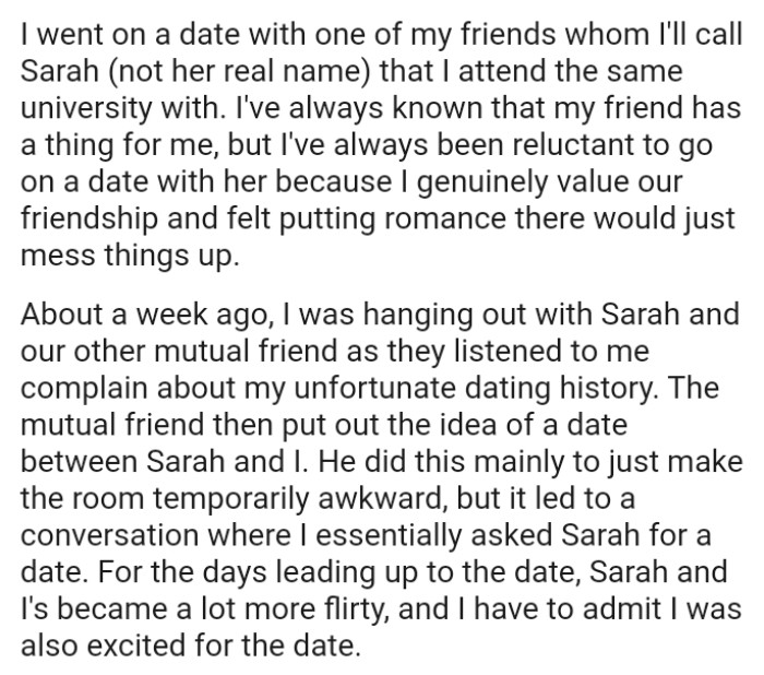 It led to a conversation where the OP essentially asked Sarah for a proper date