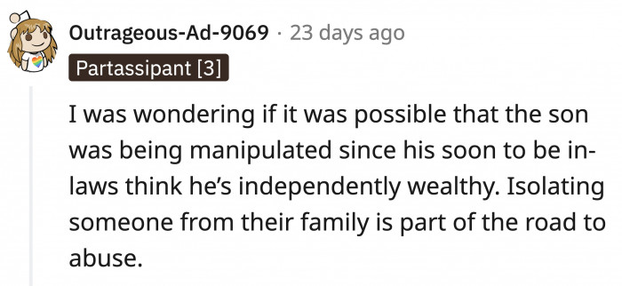 Could the fiancé and her family be manipulating OP's son?
