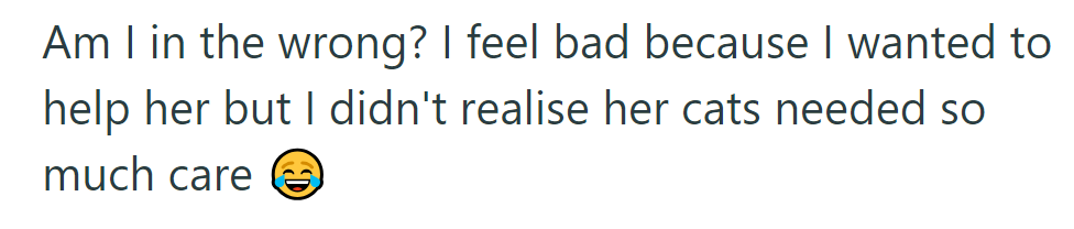 Feeling guilty; OP wanted to help but underestimated the cat care needs.