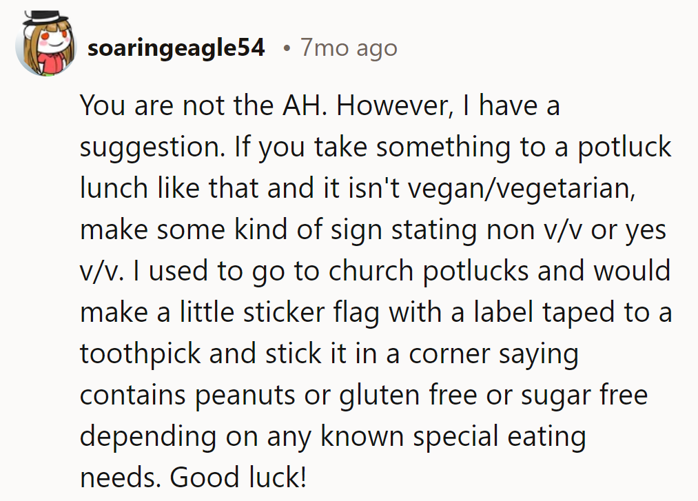 NTA. It's potluck, not plot-twist lunch. Labeling saves stomachs and friendships.