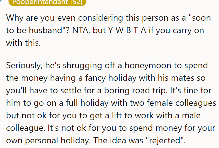 A Redditor said the fiancé's perspective is toxic