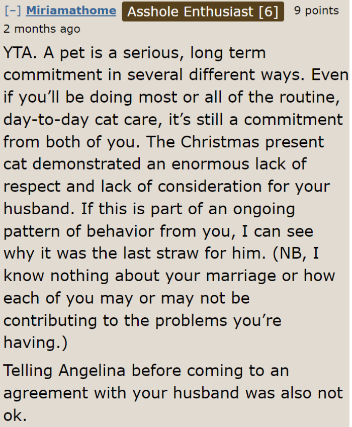 She entered into a commitment of owning a cat that the husband didn't sign up for.