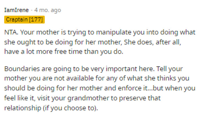 This person is absolutely right in saying that OP's mom should be doing this for her instead of OP.