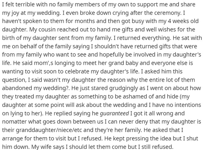 Instead of celebrating this news, OP's family reacts with anger, pulling back their support and refusing to attend the upcoming wedding.