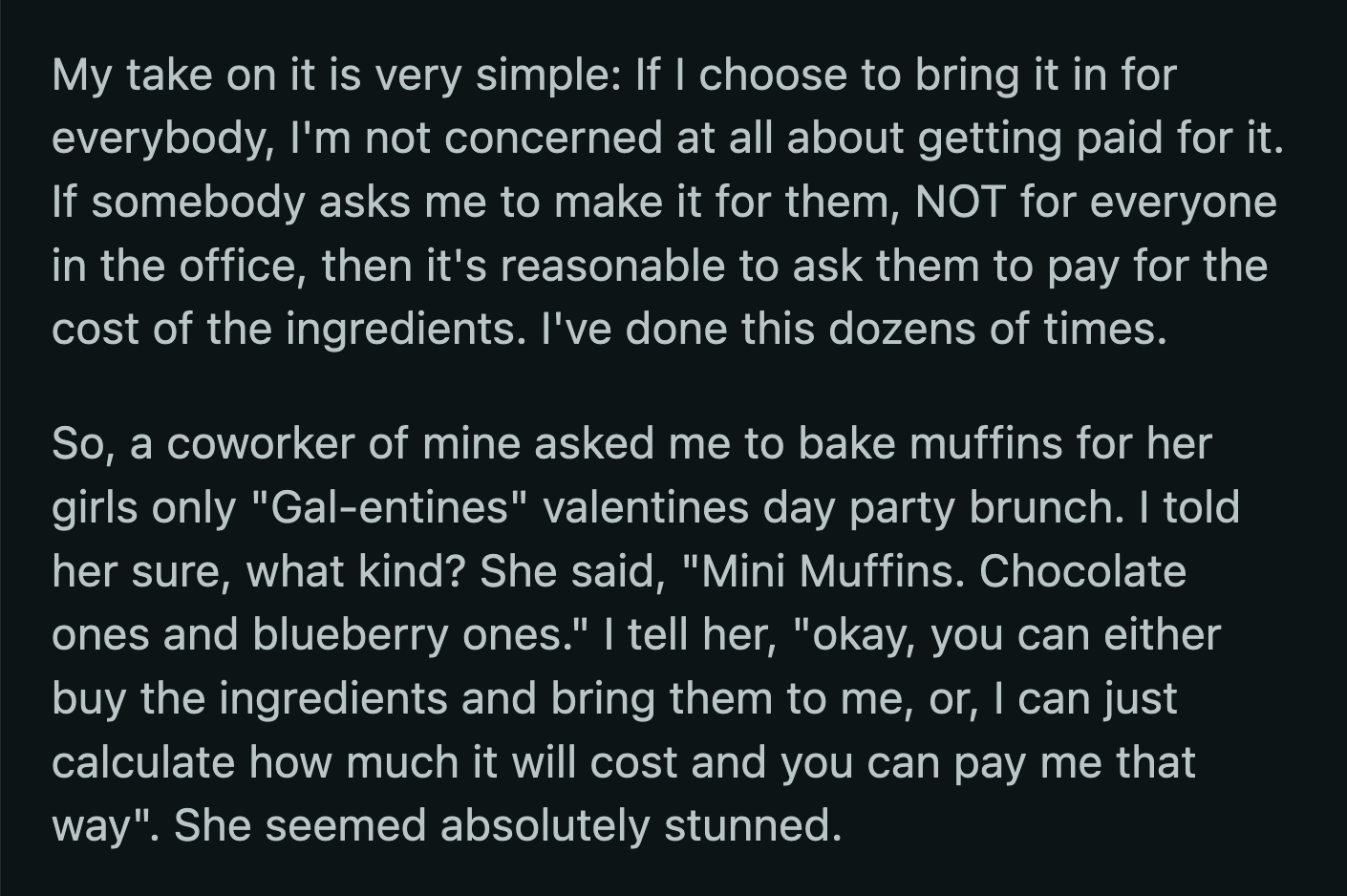 OP wondered if he was a jerk for charging a coworker for a batch of mini muffins.