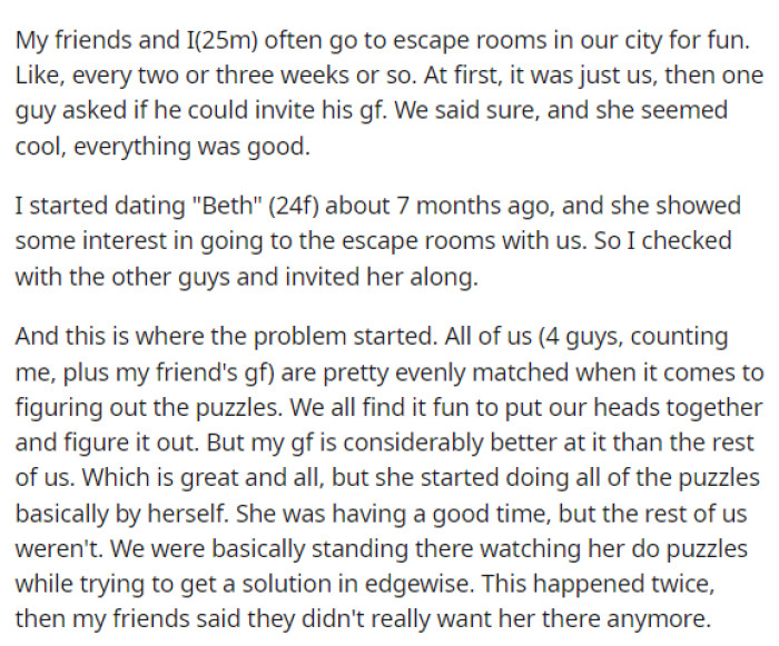 OP starts off by explaining his relationship with his girlfriend and then explaining that he has these plans with his friends every few weeks or so.